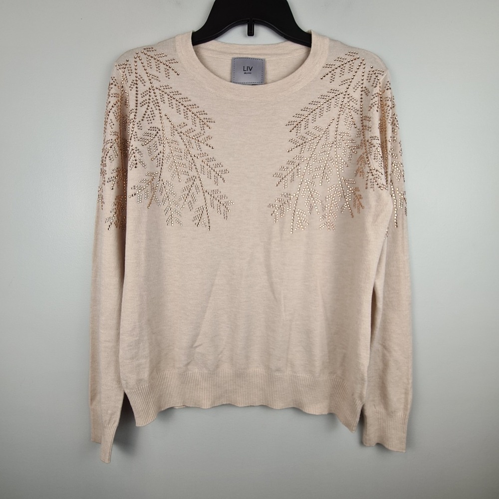 LIV Milano Beige Knit Sweater‎ Rhinestone Branch Detail Women's Medium Holiday